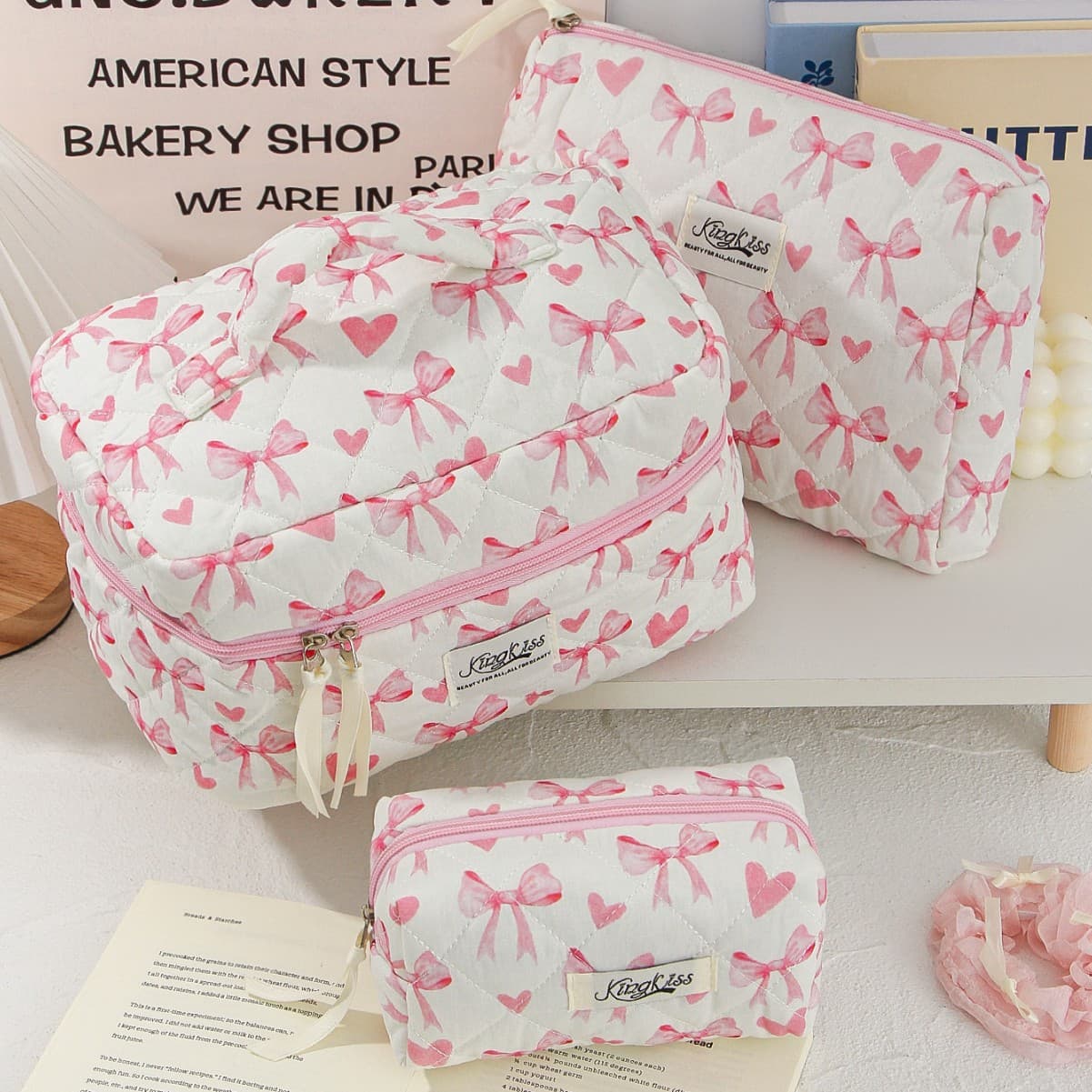 Large Capacity Handheld Cosmetic Bag Patchwork Cotton Fabric Travel Portable Storage Bag with Cute Butterfly Knot Pattern