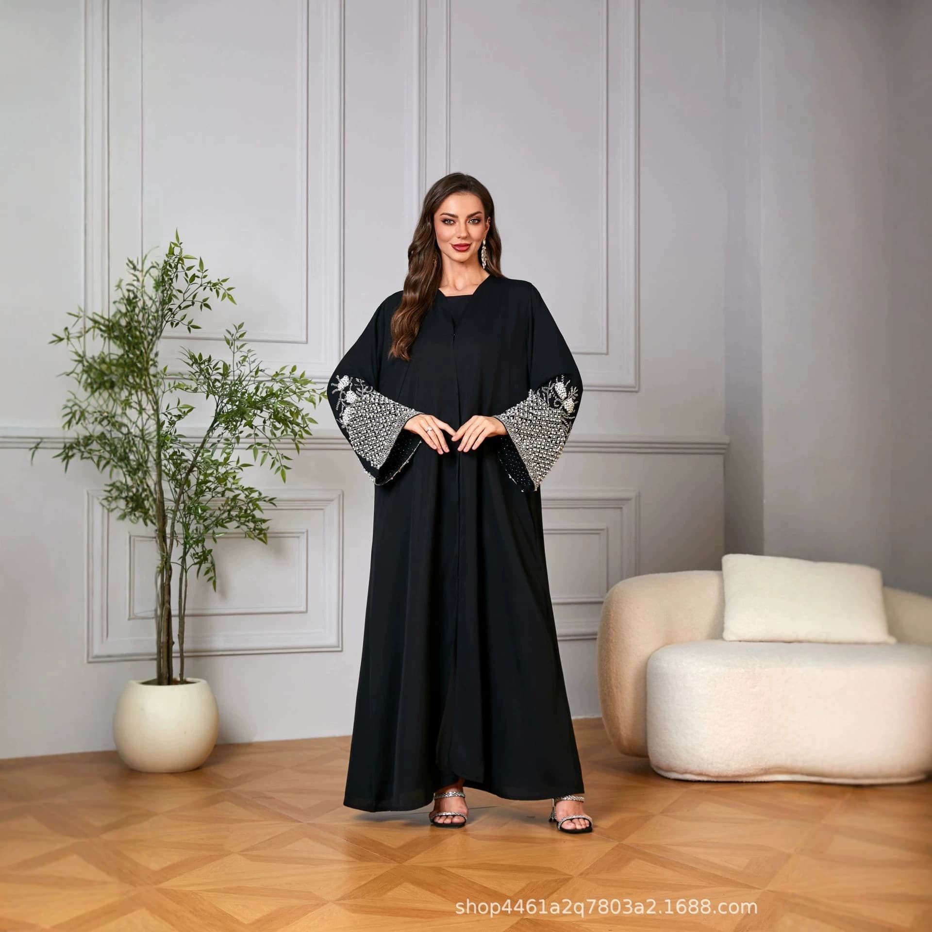 Elegant Cross-Border Heavy Beaded Embroidered Women's Dress Solid Color Cardigan Dress Stylish Long Sleeve
