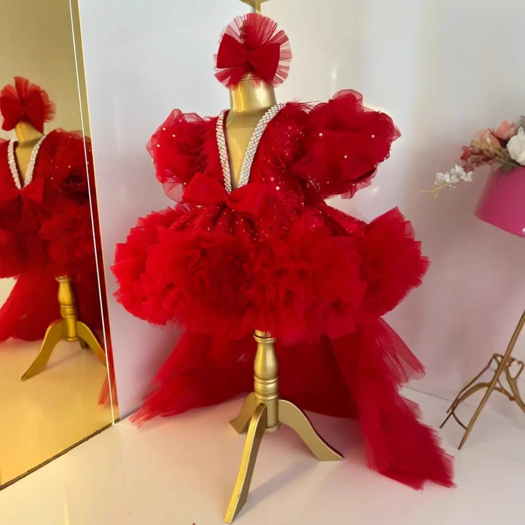 Pink Flower Girl Dress for Wedding, Birthday, Princess Feather Tulle High-Low Pageant Dress with Bow and Sequins, Formal