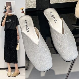 Korean Style Square Toe Mule Sandals for Women Summer 2025 New Glitter Soft Flat Slip-On Clogs