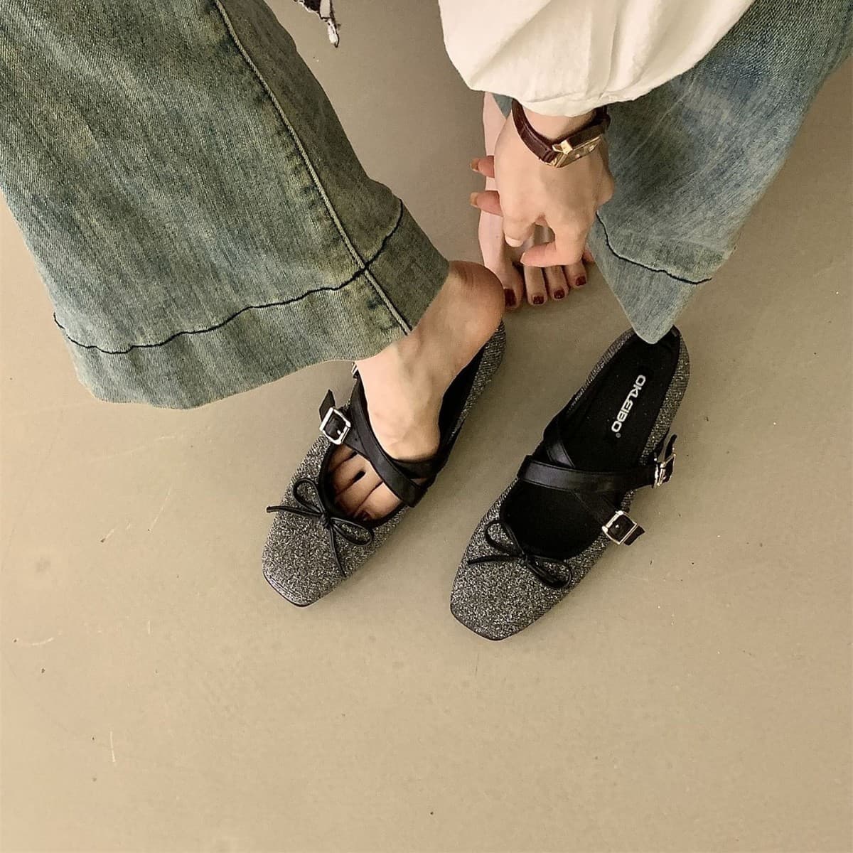 Fashion French Ballet Style Square Toe Hidden Heel Mary Jane Shoes Women 2026 New Bow Sequins Flat Shoes