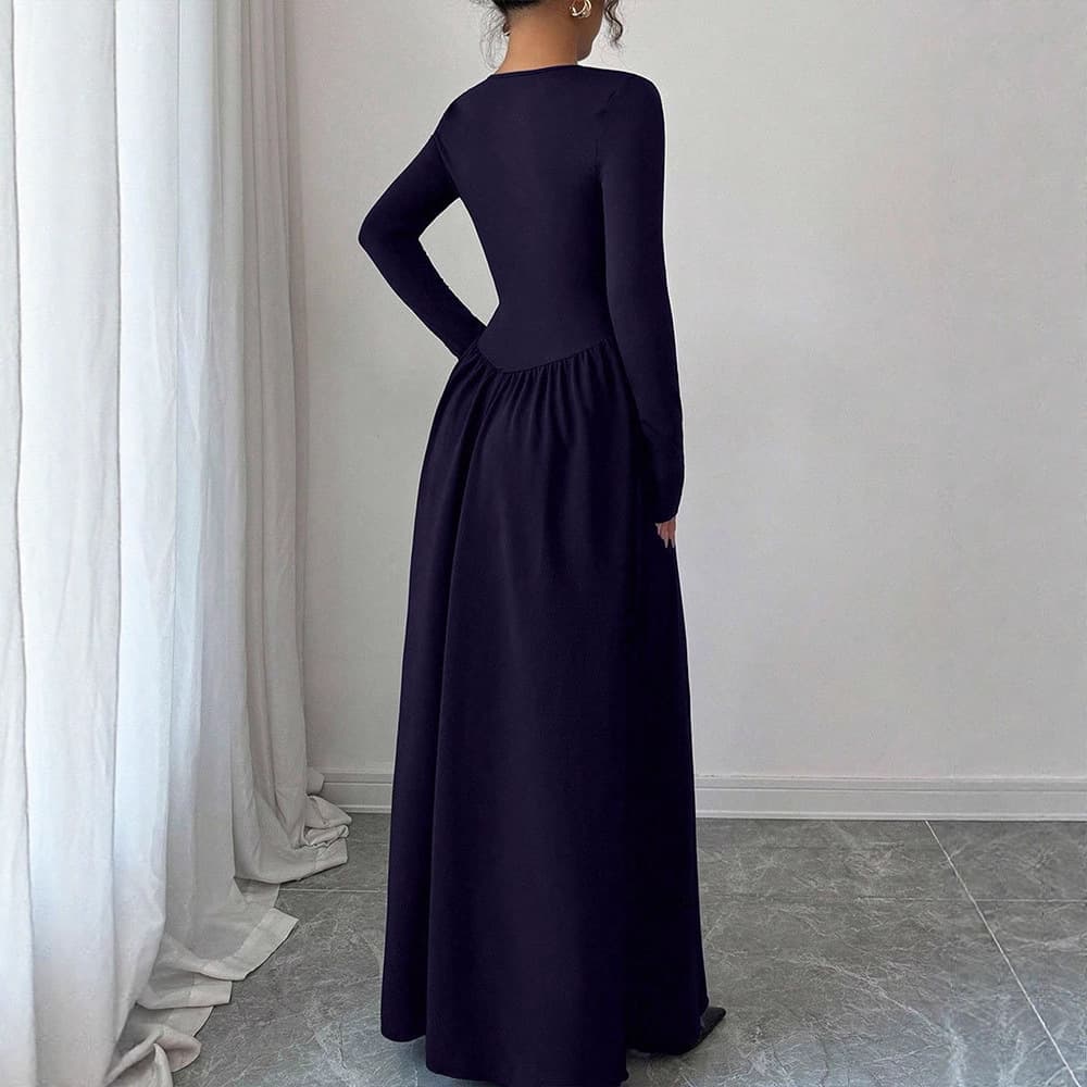 AD920 Cross-Border Spring/Autumn New Korean Style Slimming Versatile Round Neck Elegant Fashion Long Sleeve Solid Color Dress for Women