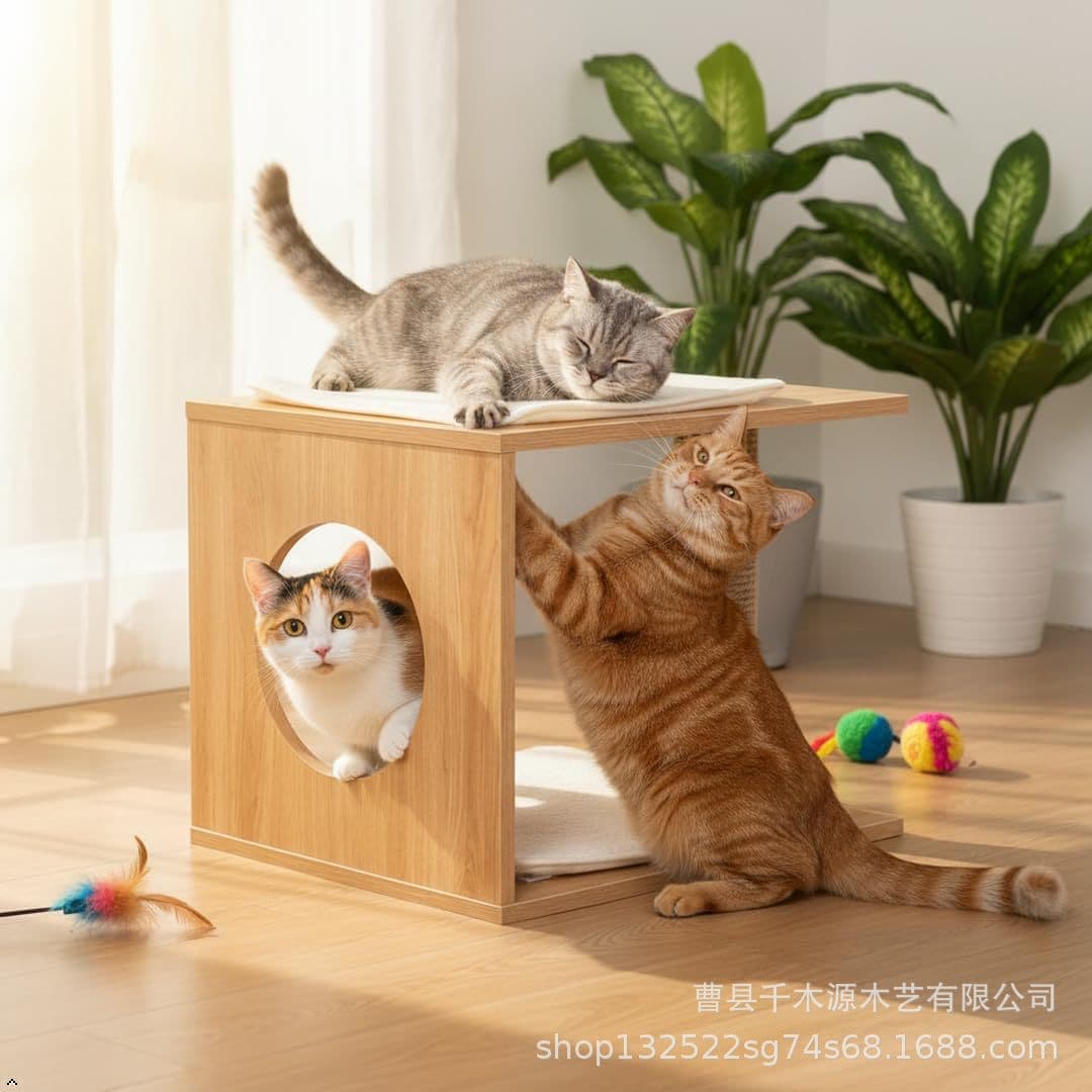 Wooden Cat Tree Pet Resting House Cat Scratching Post Cat Claw Sharpener Cat Tower Elevated Habitat Scratching Post Cat Bed