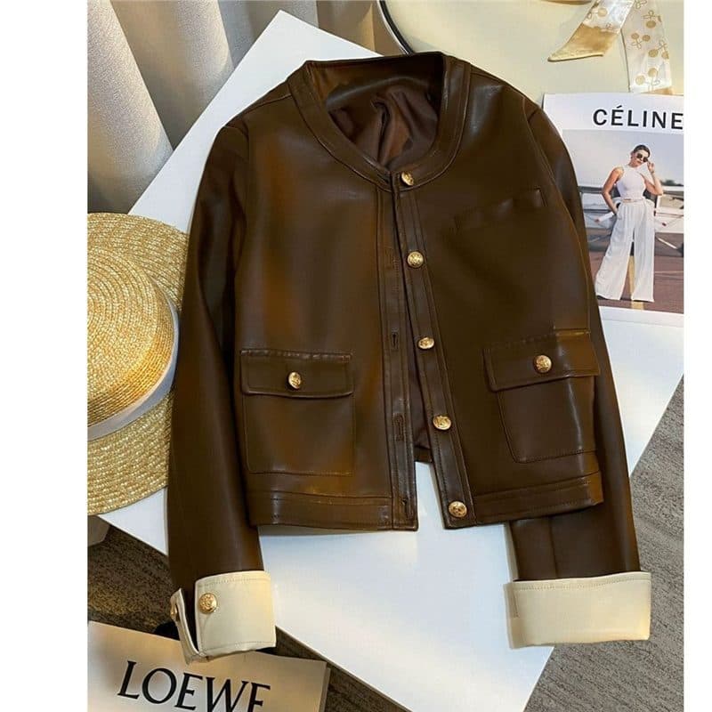 Design Temperament Retro Jacket PU Leather Jacket Outerwear Color Block Autumn Short Fashion Motorcycle Top Internet Celebrity Women