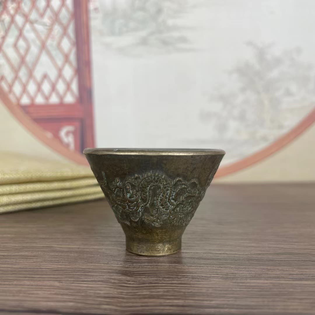 Antique Small Objects, Bronze Collectibles, Double Dragon Bronze Wine Cup, Tea Cup, Tea Table Decoration, Miscellaneous Small Items, Old Objects