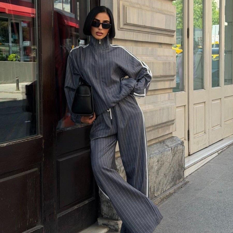 2026 Vertical Stripe Three Stripe Sportswear Set for Women, Stand Collar Zip-Up Jacket High Waist Flowing Wide Leg Pants Two-Piece
