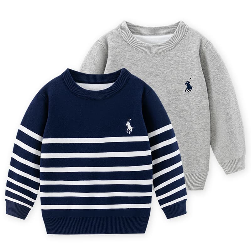 Boys' Sweater Autumn/Winter 2026 New Style Korean Trendy Striped Top Round Neck Embroidered Knitwear for Older Children