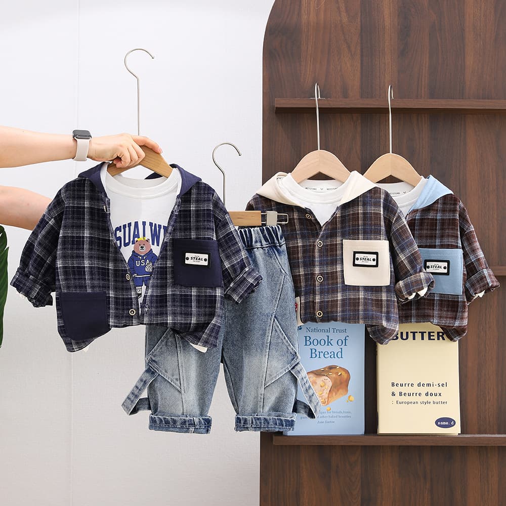 Overseas Export Boys' 3-Piece Set: Vintage Plaid Hooded Jacket, Cartoon Top, Patchwork Denim Jeans