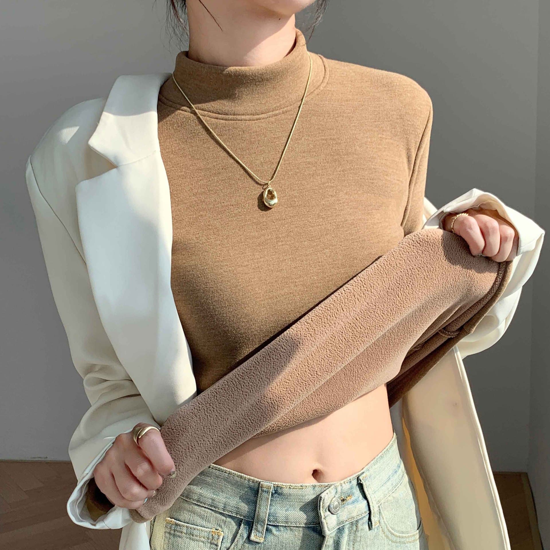 H252 coconut fleece semi-high neck base shirt women's autumn/winter inner wear slim fit fleece-lined thickened windproof warm long sleeve top