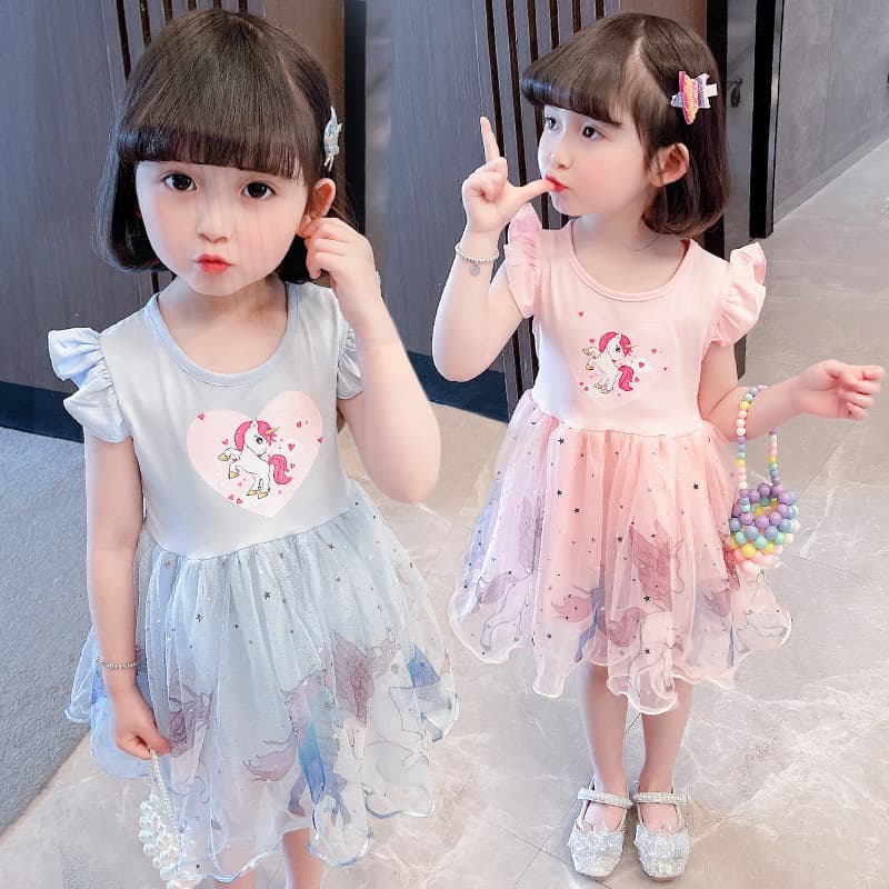 Girls Cotton Dress Summer 2025 Short Sleeve Princess Skirt Korean Style Mesh Fabric Cartoon Print Soft Processing Child Dress