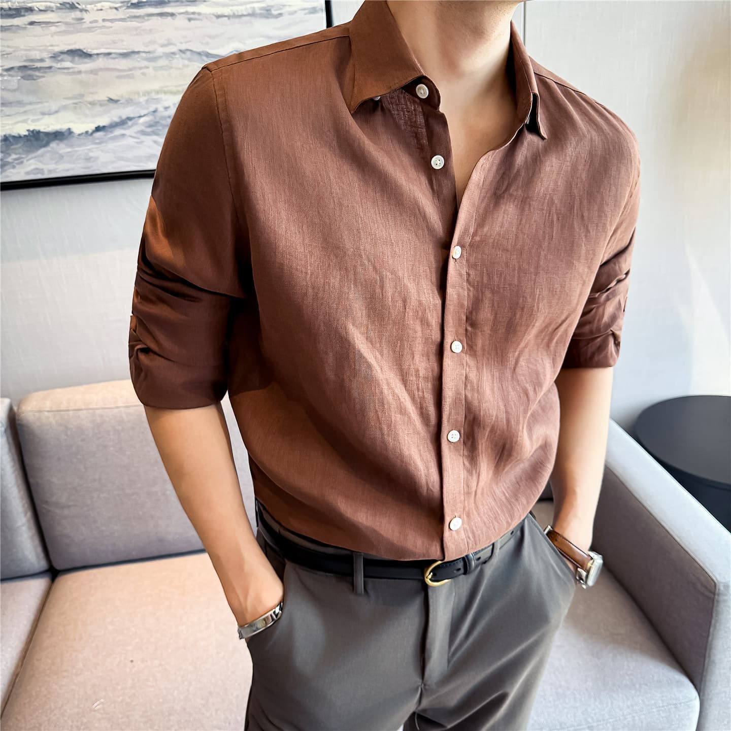 Light Luxury Business Pure Linen Summer Thin Long-Sleeve Shirt, Commuter Business Casual One-Collar Old Money Style Shirt