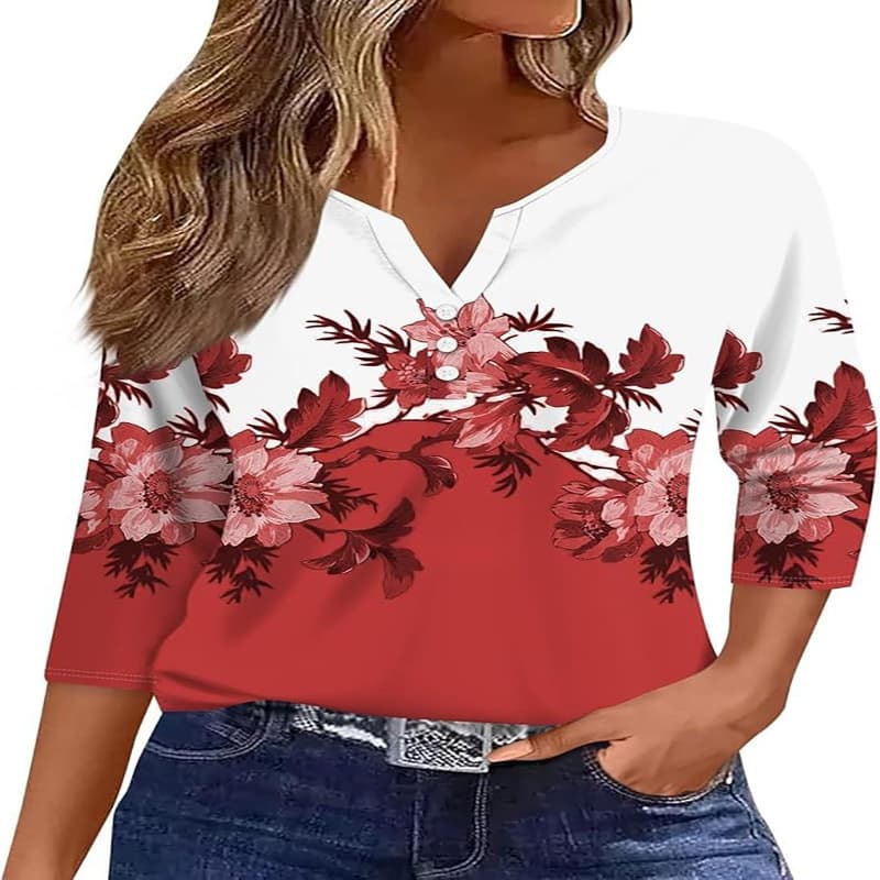 Amazon Bestseller Women's V-Neck Three-Button Printed Short Sleeve T-Shirt, Europe and America Women Custom Photo Henry Shirt Three-Quarter Sleeve