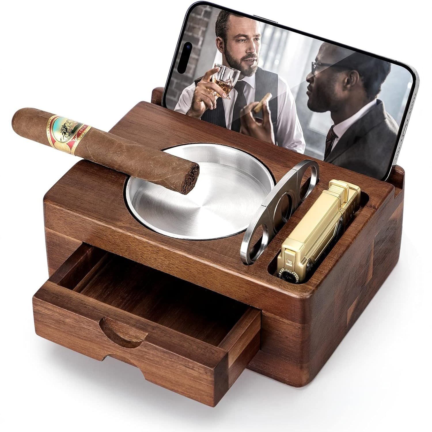 American Style Wooden Cigar Ashtray with Drawer, Portable Solid Wood Car Ashtray
