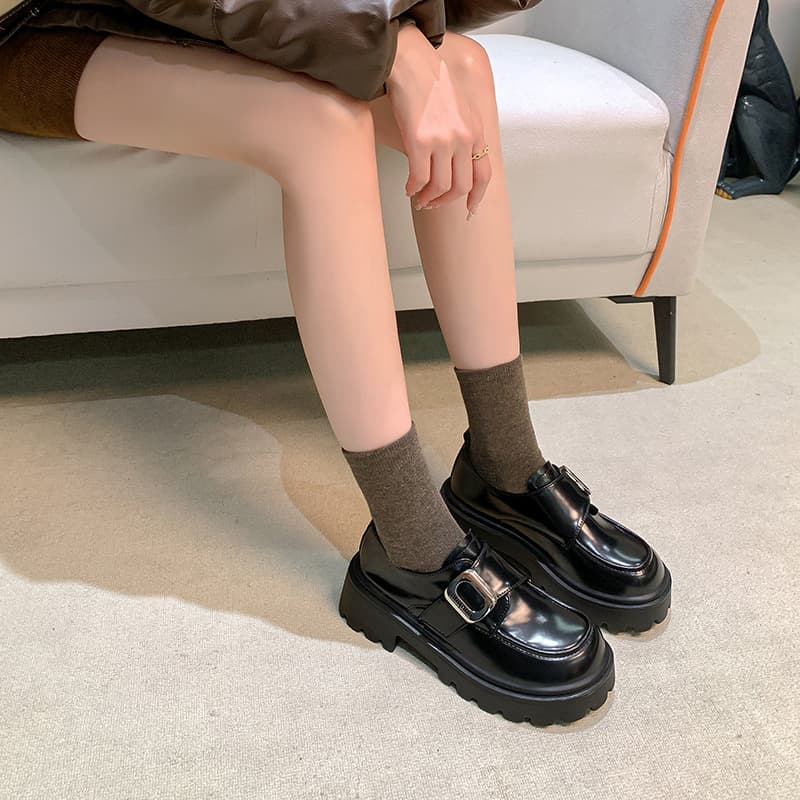 Genuine Leather British Style Platform Height-Increasing Soft-Soled Shoes for Women, 2024 Autumn/Winter Style Metal Velcro Strap Versatile Loafers