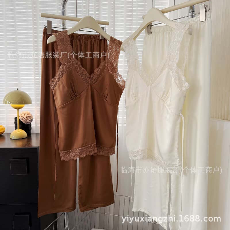 Spring New Trendy Retro Lace Women's Camisole Premium Solid Color Ice Silk Comfortable Pants Women's Camisole