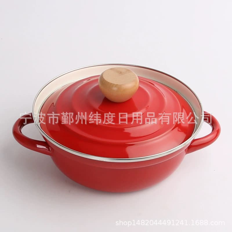Export to Japan 18cm Round Bottom Enamel Pot with Rim, Enamel Pot, Single-Person Soup Pot, Enamel Lid