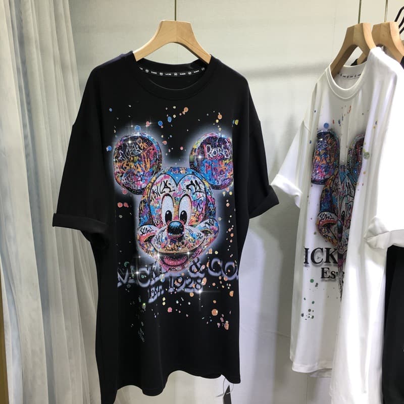 Wholesale Plus Size 2-300 lbs Heavy Duty Rhinestone Mickey Mouse T-Shirt Women's Short Sleeve Round Neck Loose Top Fashion