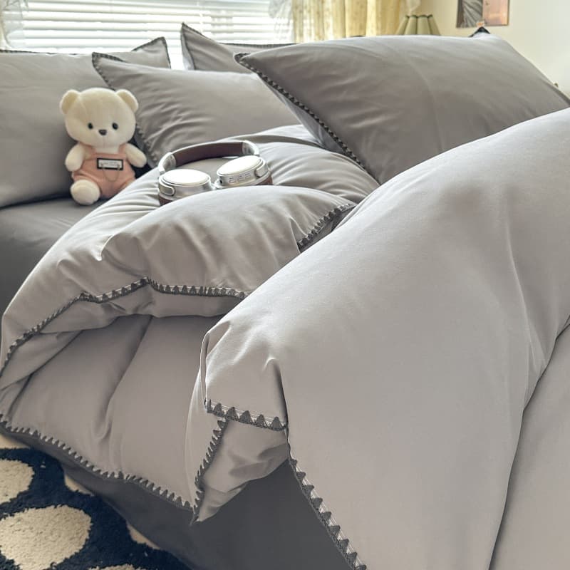 Simple Solid Color 4-Piece Bedding Set, Ins Style, 1.8m Bed, Washed Cotton, Single Bed Dormitory 3-Piece Set, Men's