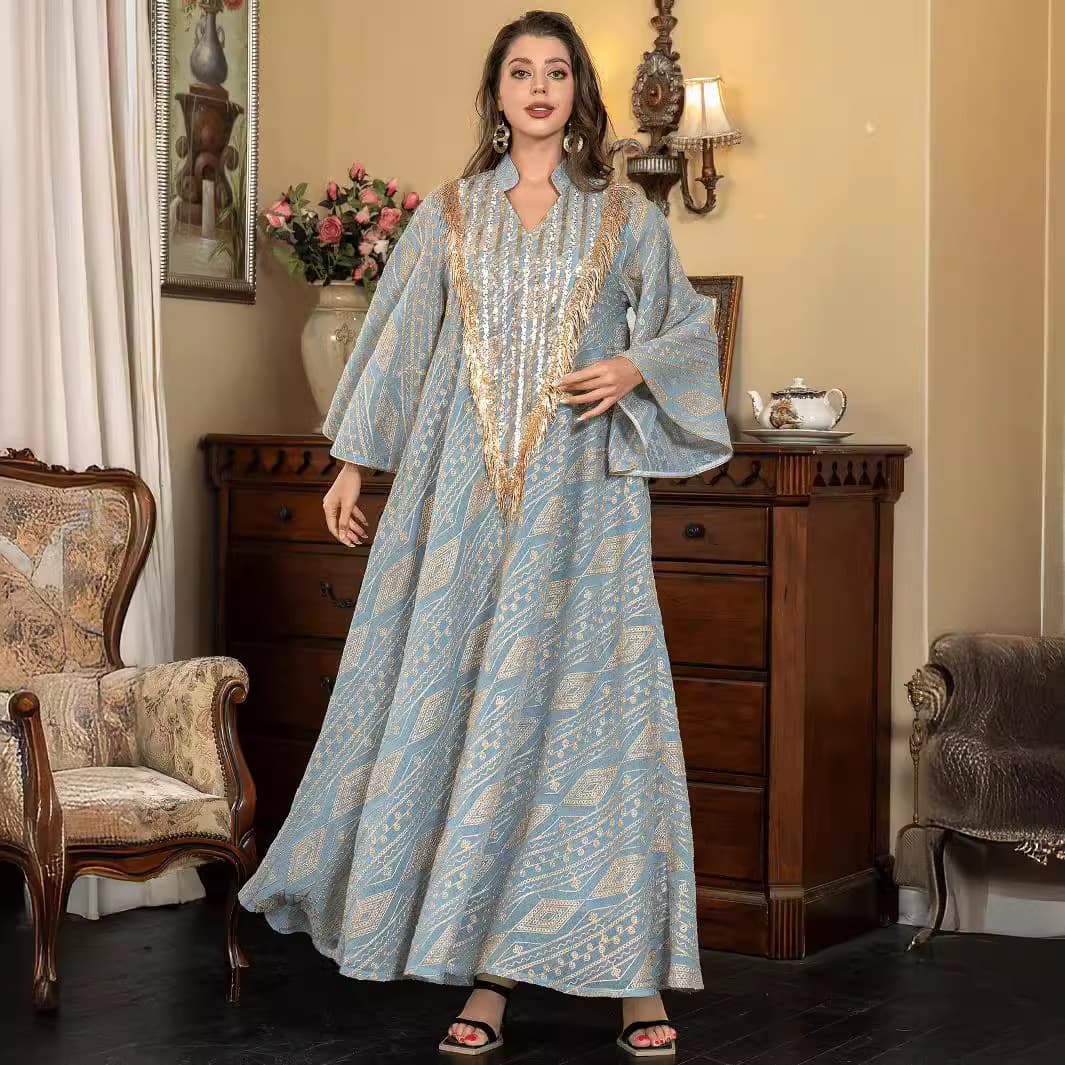 SW005 Amazon Cross-Border Ecommerce Hot Selling H-Dress Long Robe with Mesh Embroidery and Sequins Long Skirt