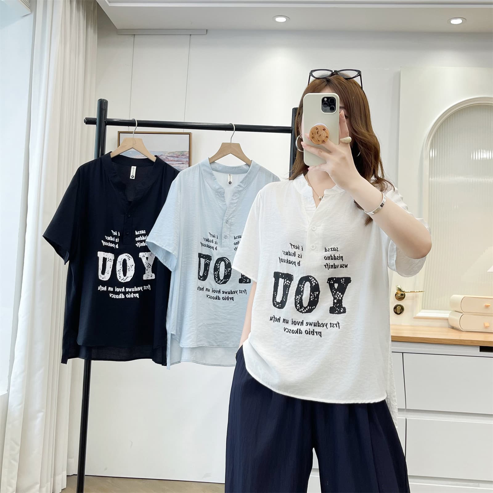 2026 Summer Plus Size T-Shirt Short Sleeve Women's Printed Half-Open Collar Casual Top Slimming Thin Top for Curvy Women 8816
