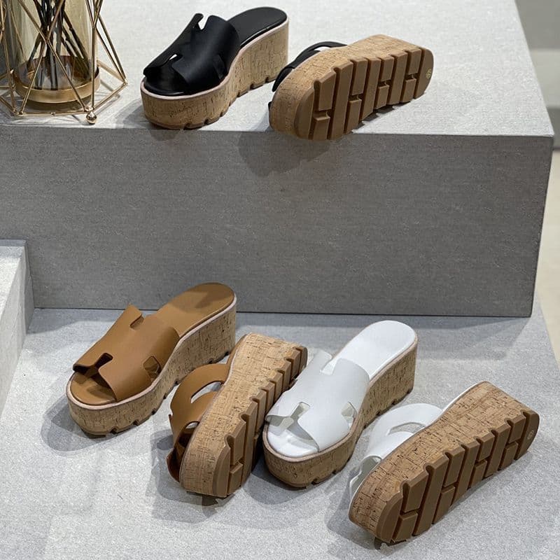 2022 Genuine Leather Versatile High-heeled Slippers Women's Wedge Solid Color Platform Sandals Thick-soled Roman Style Shoes