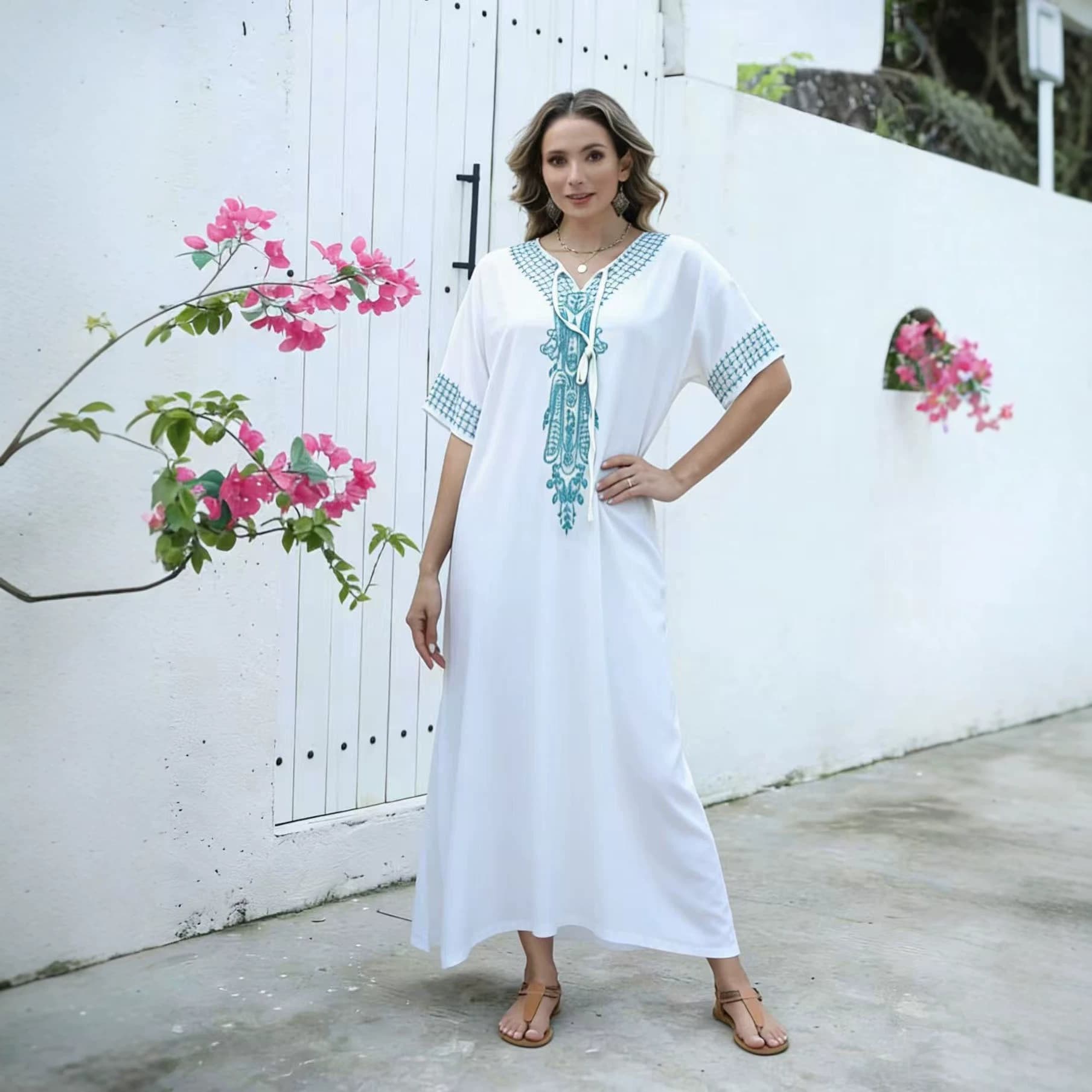 Cross-Border European and American Embroidered Vacation Loose-Fitting Plus-Size Long Dress Beach Cover-Up Bikini Cover-Up