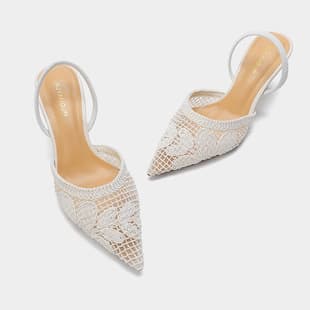 2026 New Beige Pointed Toe Women's Beaded Crochet Embroidered Hollow High Heel Sandals Wine Glass Heel Thin Heel Single Shoes