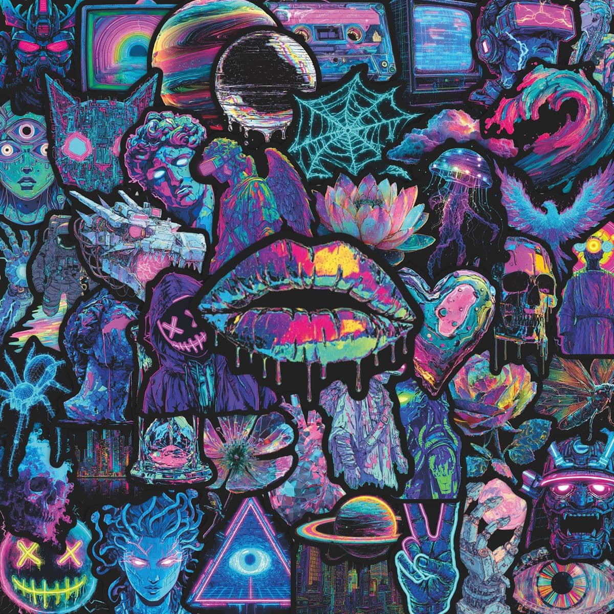 56 Cyberpunk Neon Glow Creative Stickers, Hand Account Storage Box Waterproof Decorative Cultural Stickers Cartoon