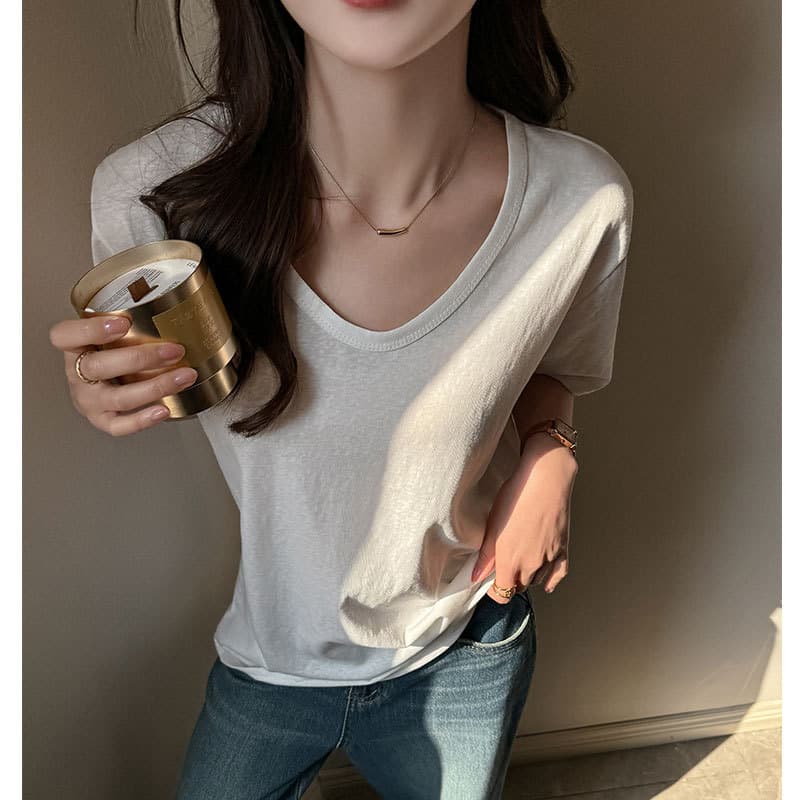 Factory Korean Style Basic Short-sleeved T-shirt Women's Summer Loose All-match V-neck Shoulder Spice Girls Solid Color Bottoming Top Ins