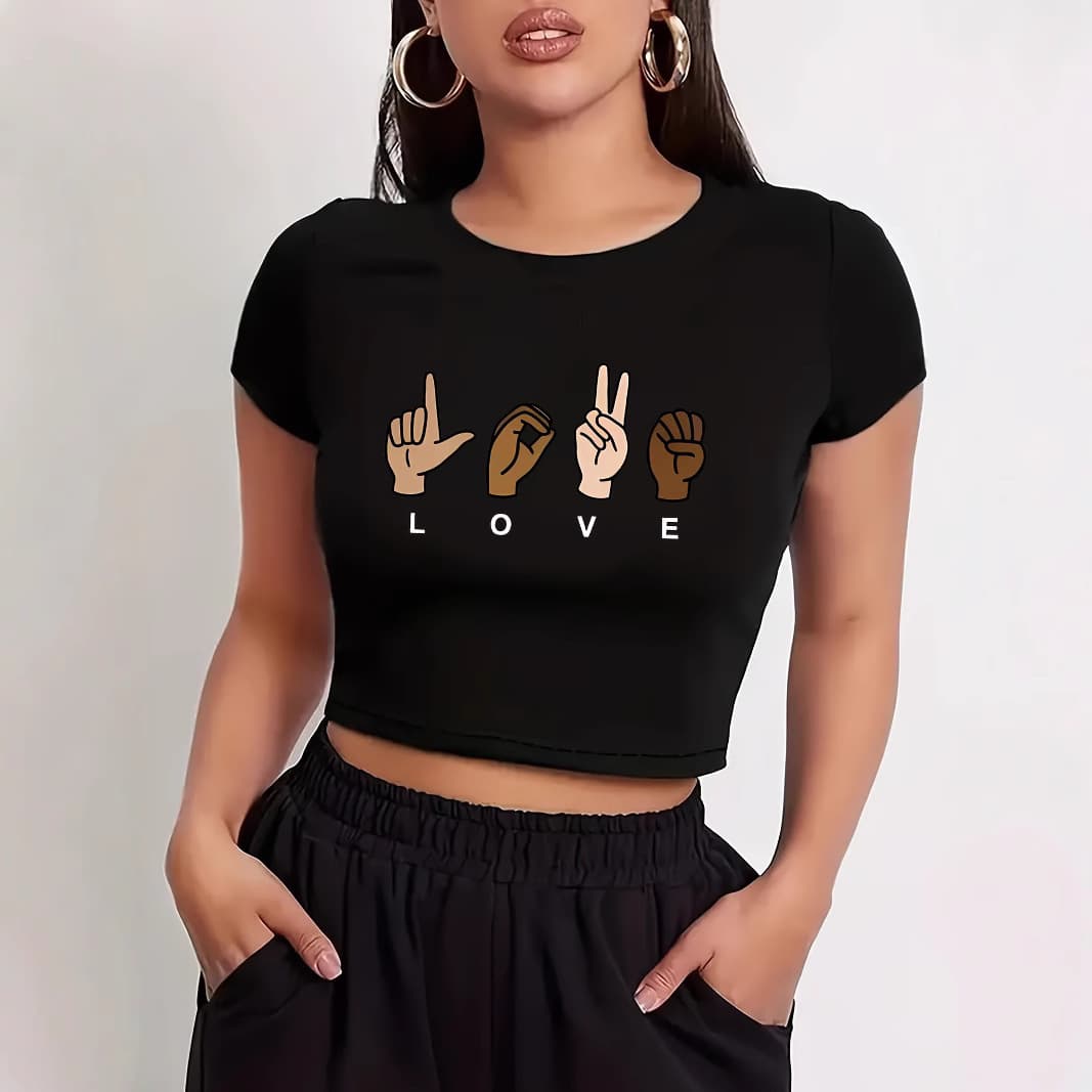 Cross-Border Export Women's Short-Sleeved T-Shirt Peace Sign and Love Pattern 3D Printing Daily Wear Summer Women's Clothing