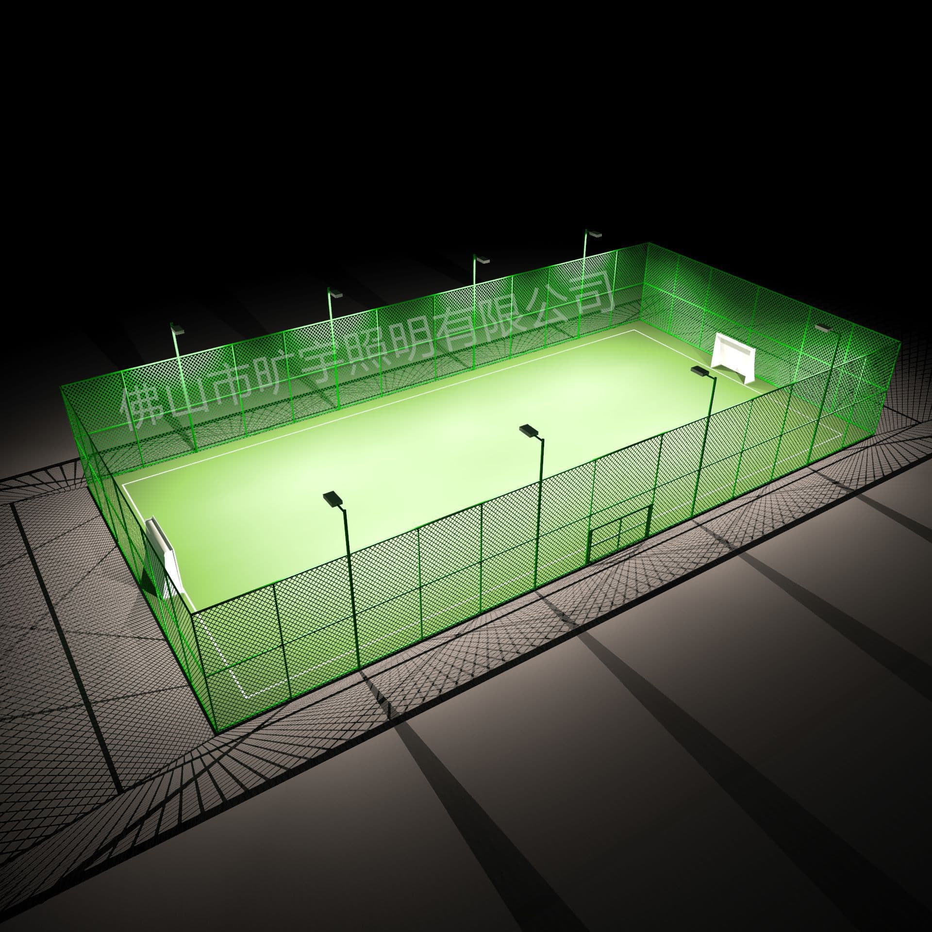 LED stadium lights installed on football field fencing, along with matching stadium lighting and cage-type floodlights for football fields.