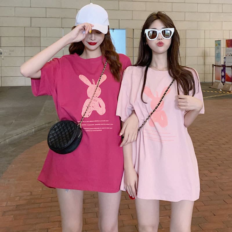 Summer Mid-Length Loose Fit Bestie Top Women Cartoon Ins Round Neck Plus Size Short Sleeve T-Shirt Women's Clothing