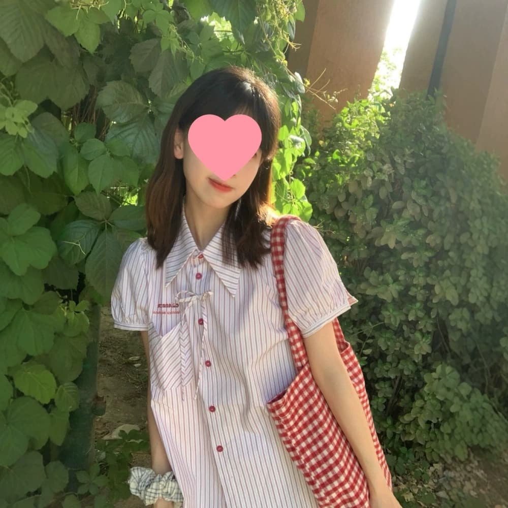 Pink Sweet Striped Short-Sleeve Blouse for Women, Summer Puff Sleeve Crop Top with Bow, Slim Fit