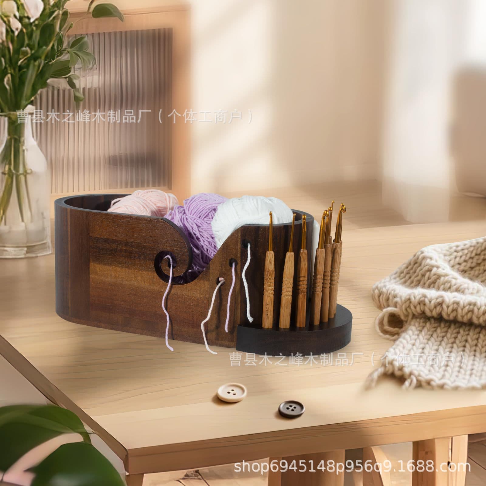 Wooden Yarn Bowl Hand Knitting Yarn Bowl for Crochet 9 Knitting Hooks Sewing Scissors and Crochet Tool Holder