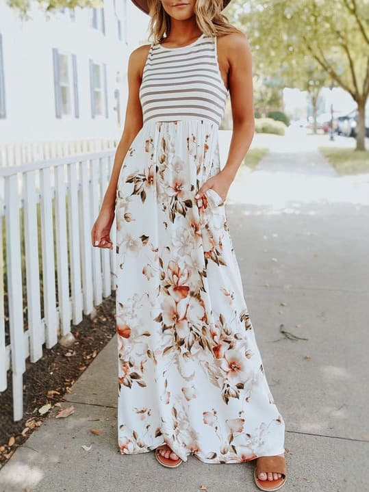 2025 TEMU Summer Bestseller Floral Print Sleeveless Maxi Dress Elegant Commuter Plus Size Dress