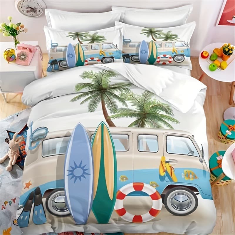 Surfboard Camper Van Vacation Style Duvet Cover Set for Boys Girls Bedroom Decor Bedding
