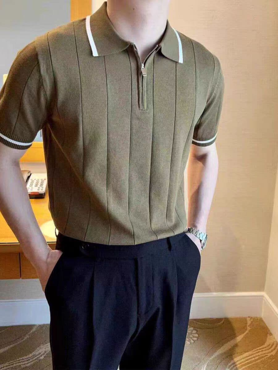 Korean style summer short-sleeved lapel casual sweater, simple and fragrant style, concave and convex striped half-zip trendy men's polo shirt
