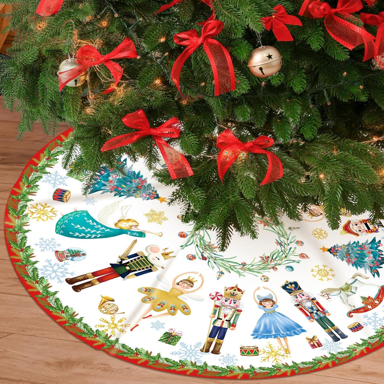 Cross-border Christmas tree skirt, Christmas decorations, Nutcracker, princess and king print floor mat, order bows