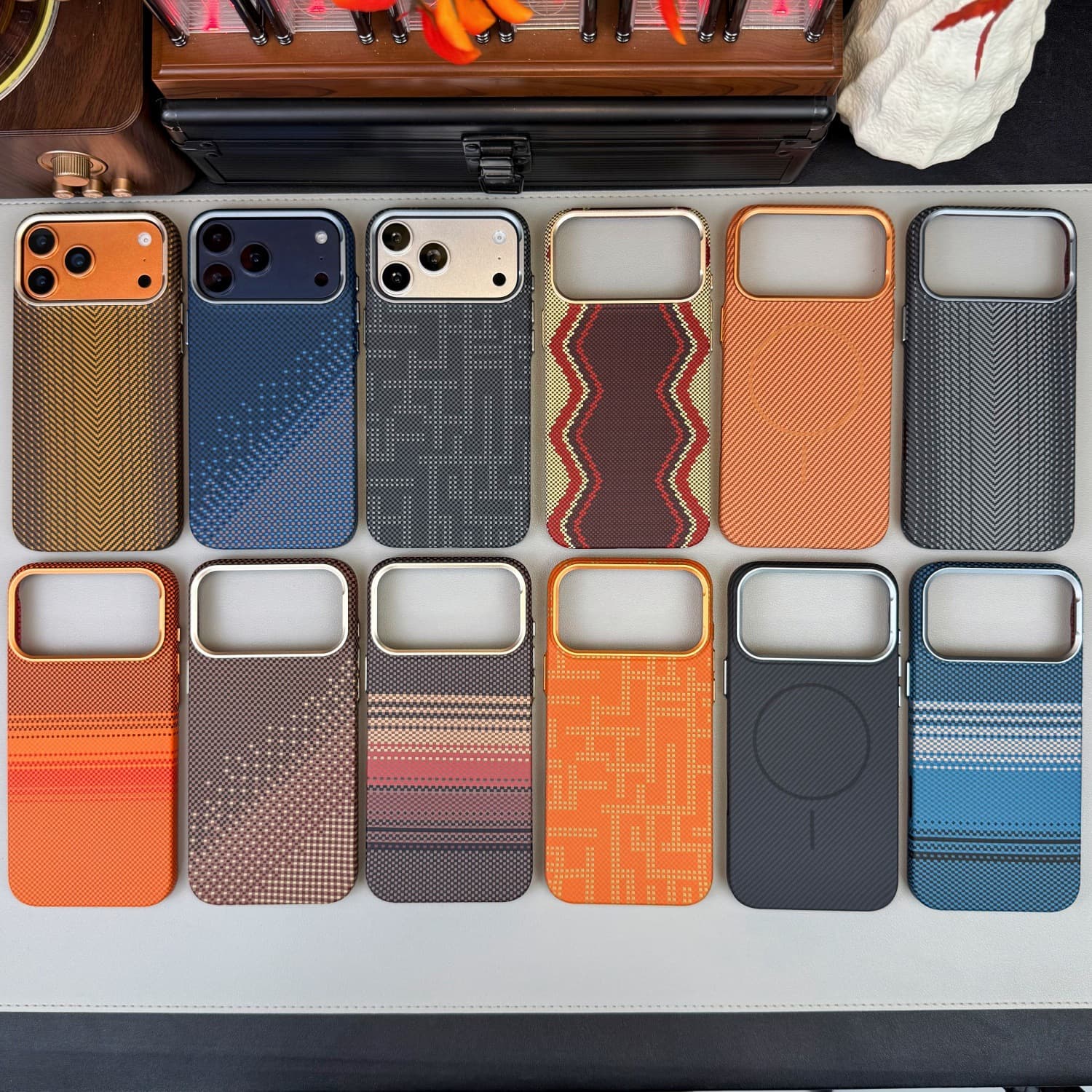 Magnetic Kevlar Texture Phone Case for iPhone 17 Pro Max, 16 Pro Max, Red Snake Scepter, Shockproof Hard Case