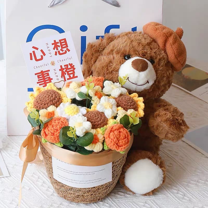 Knitted Bear Plush Sunflower Rose Bouquet Birthday Gift Graduation Coming-of-Age Gift for Girlfriend Best Friend