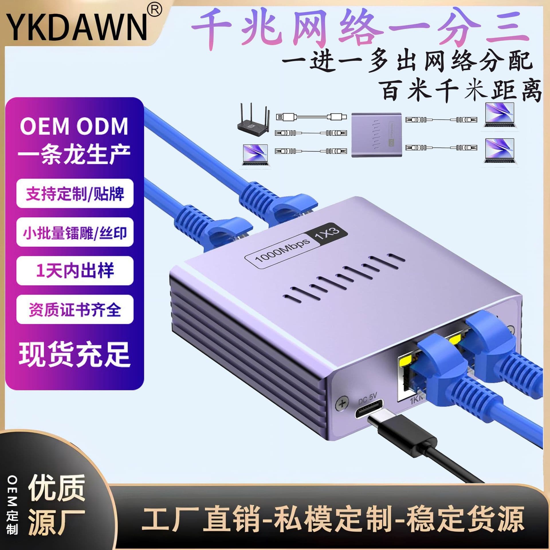 Gigabit Network Splitter 1 to 3 Network Sharing Hub, RJ45 Ethernet Cable Divider Switch