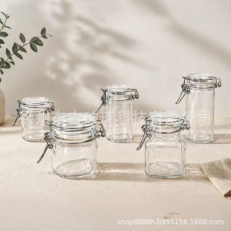 Snap-lid sealed glass jar, transparent glass kitchen grain storage jar, candy jar, glass mini dispensing bottle
