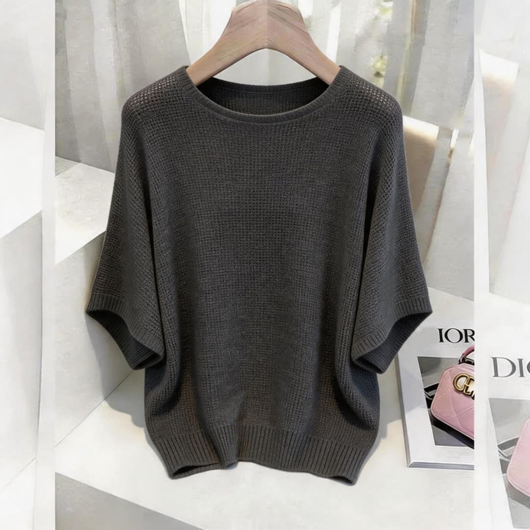 Korean Lazy Style Simple Gray Batwing Sleeve Short Sleeve Top for Women Summer New Trendy Plus Size Women's Clothing