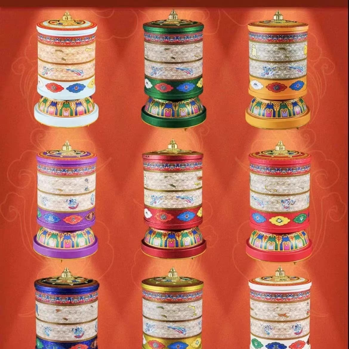 Tibetan-style electric prayer wheel, plug-in, suitable for home use, Buddhist shrines, and as a decorative item. It features a golden rotating barrel.