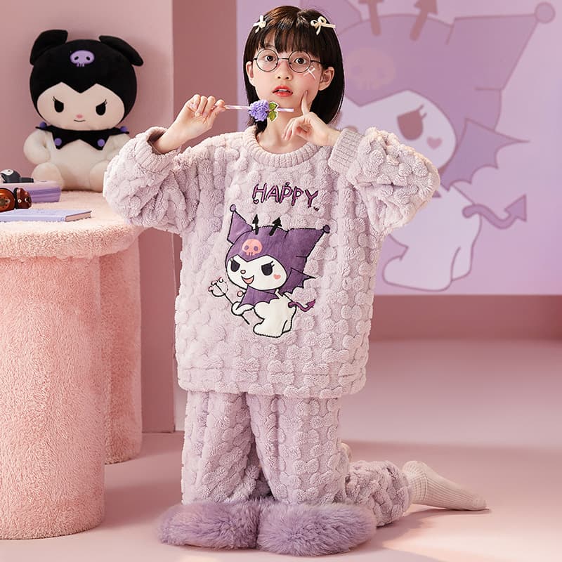 Children's Pajamas Autumn Winter Thick Coral Fleece Winter Style Girls Flannel 2024 New Kuromi Set