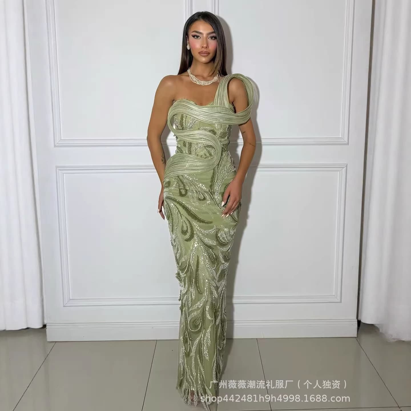 European and American independent station new heavy industry beaded sequins sexy slim hip-covering floor-length party evening dress for women