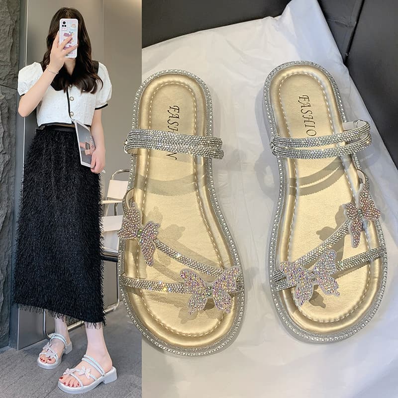 Roman Two-Way Strap Butterfly Rhinestone Slide Sandals Women 2026 New Fashion Fairy Sweet Beach Sandals