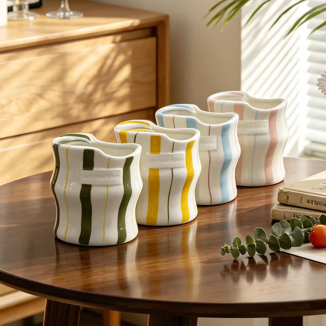 Best-selling Cross-border Ceramic Hand-painted Striped Coffee Cup Straw Cup Couple Mug Creative Office Home Use
