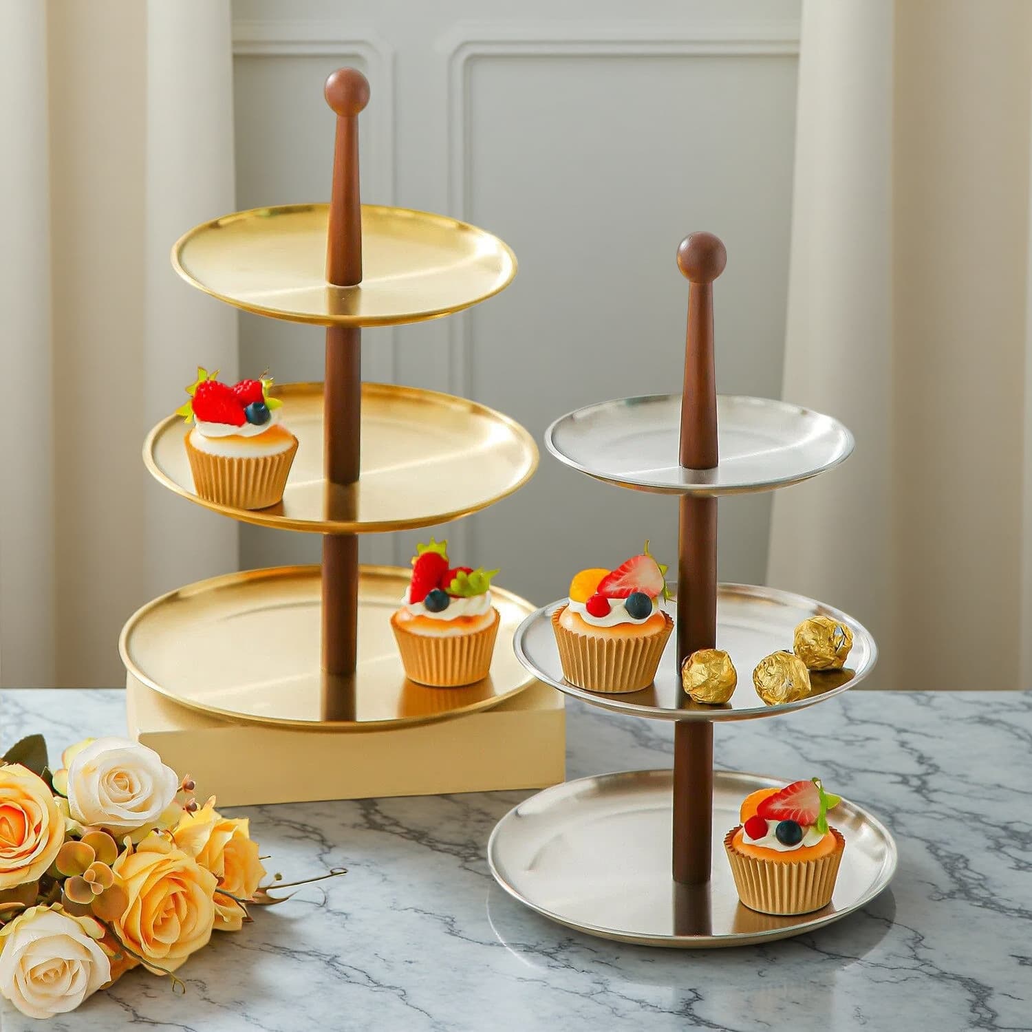 Walnut color rod multi-layer fruit plate stainless steel snack plate living room tea house cake candy dried fruit snack plate
