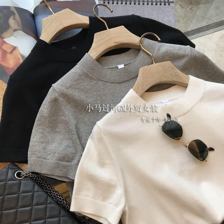 G value for money recommended! High-quality item ~ minimalist style superfine cotton small round neck knitted short-sleeved T-shirt for women spring and summer